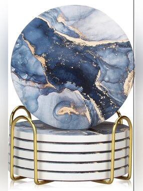 Blue Marble Gold Accent Round Coaster Set